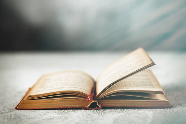 Открытая книга на сером столе
