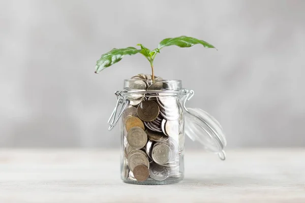 Munten in een glazen pot — Stockfoto