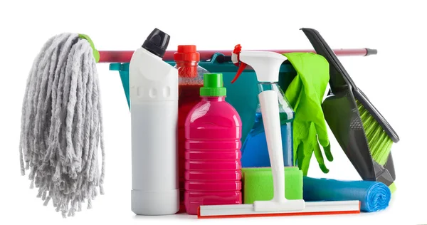 Cleaning supplies on white background — Stock Photo, Image