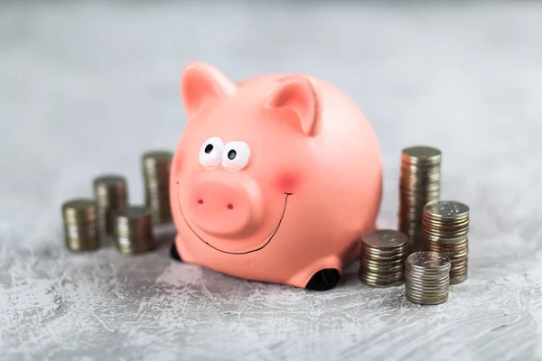 Piggy bank em fundo cinza — Fotografia de Stock