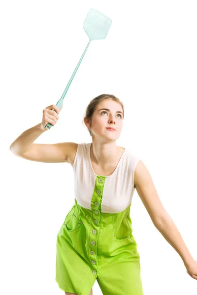 Vrouw met fly swatter — Stockfoto