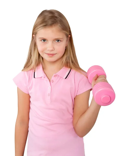 Menina exercício com haltere — Fotografia de Stock