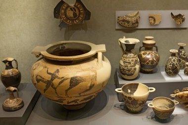 Ancient Corinth, Greece, September, 02, 2016. Ceramic vessels in the museum. These vessels was created more than 2000 years ago. clipart