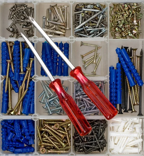Screwdrivers, screws and dowels — Stock Photo, Image