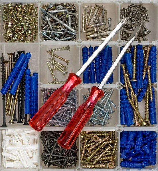 Screwdrivers, screws and dowels — Stock Photo, Image