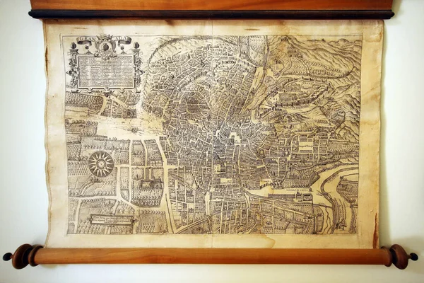 Granada, Spain - May, 4, 2019. Printed medieval map of Granada in museum of Sacromonte Monastery. The monastery was built at the holy place where Romans executed Christians. — Stock Photo, Image