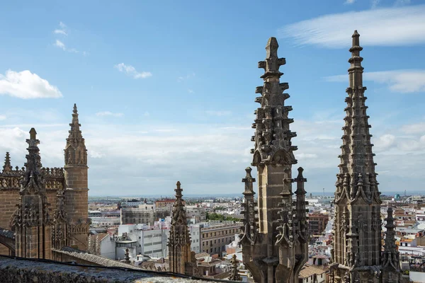 Decorações da catedral de Sevilha vista de perto do telhado da catedral — Fotografia de Stock