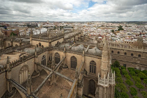 Pohled na katedrálu v Seville a na město z Giralda Bellfry, Španělsko — Stock fotografie