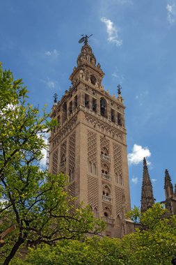 Sevilla caddesinden Giralda çan kulesinin manzarası