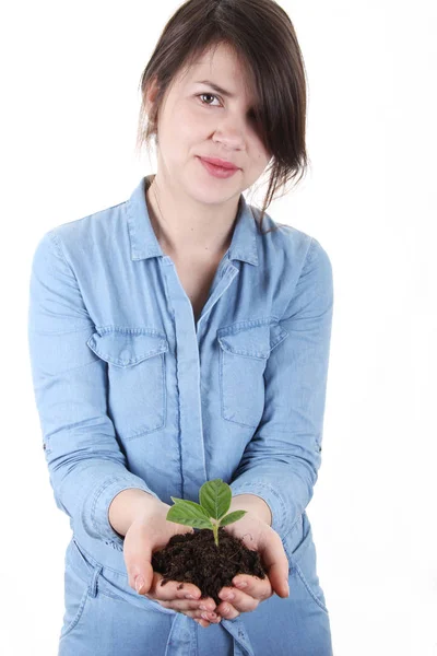 Women Holding Young Tree Her Hands — Stock Photo, Image