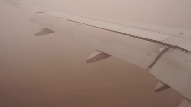 室内からの視界のない霧の多い天候で着陸する飛行機 — ストック動画