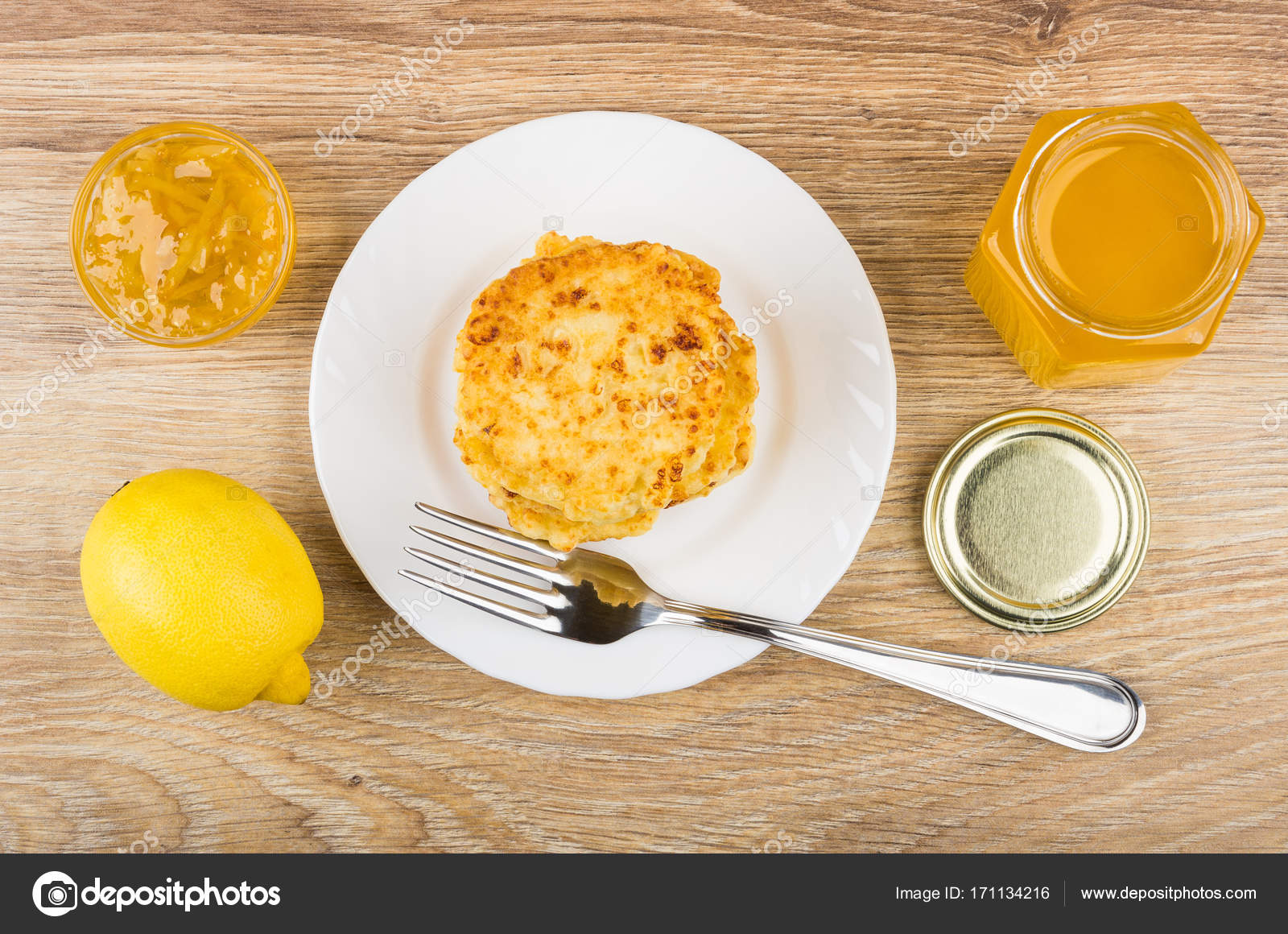 Cottage Cheese Pancakes In Plate Honey Lemon And Lemon Jam