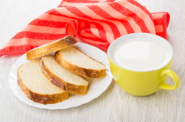 Slices of sweet bread,red napkin, cup of milk