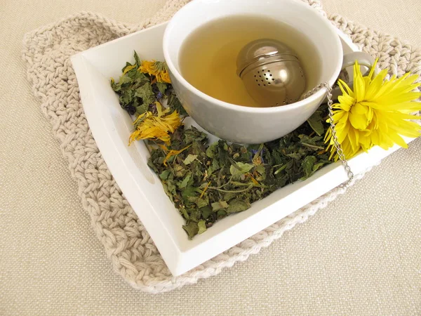 Té de hierbas con caléndula y aciano con bola de infusor de té — Foto de Stock