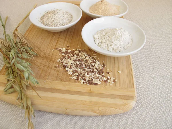 Ingredients for rye bread with rye flour, rye groats, rye sourdough and seed mixture — Stock Photo, Image