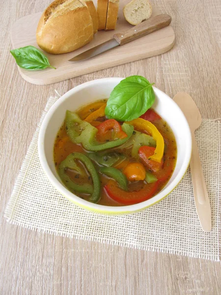 Hemmagjord paprika soppa med röd, grön och gul paprika — Stockfoto
