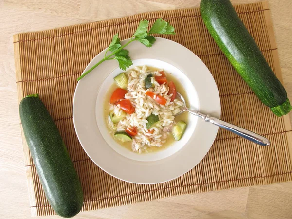 Sopa caseira de frango com abobrinha e tomate — Fotografia de Stock