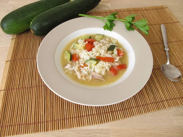 Sopa de pollo casera con calabacín y tomates — Foto de Stock