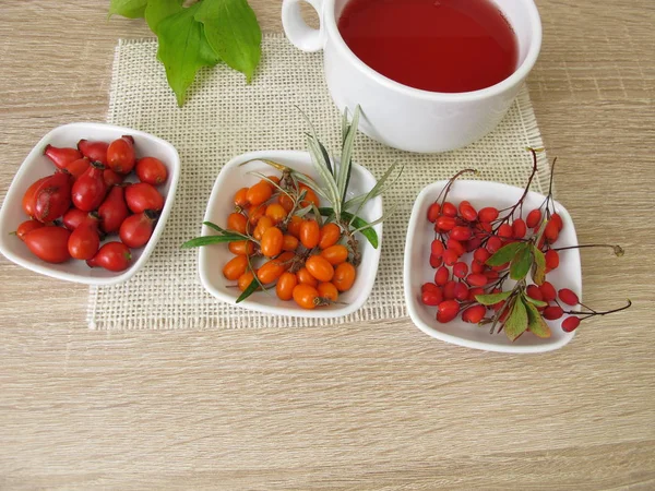 Röd Frukt Med Berberis Nypon Och Havtorn — Stockfoto