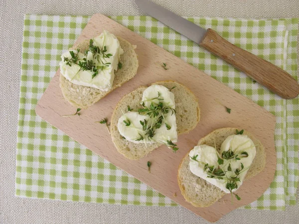 Fresh Cheese Hearts Cress Sprouts Baguette — Stock Photo, Image