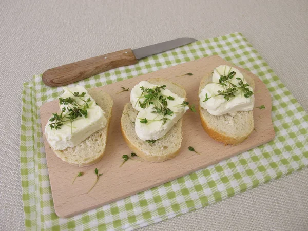 Fresh Cheese Hearts Cress Sprouts Baguette — Stock Photo, Image
