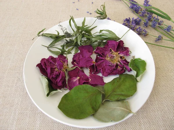 Popurrí Fragante Con Pétalos Rosa Madera Dulce Hojas Membrillo Lavanda — Foto de Stock