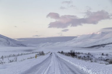 İzlanda 'da yol karla kaplı kırsalda, yerde kar var.