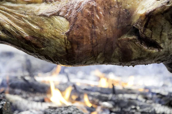 Piece Meat Being Spit Roasted Fire — Stock Photo, Image