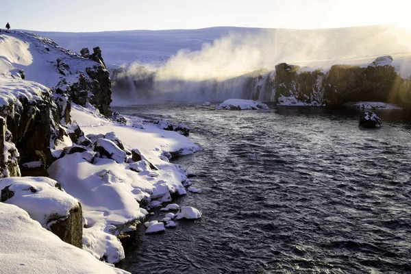 Godafoss Waterfall Norhtern Iceland Winter Snow Covering Rocks Ground — Stock Photo, Image