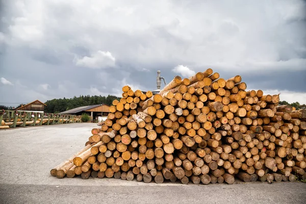 Pile of logs in a lumber yard waiting for further processing — Stock Image Pile Logs Lumber Yard Waiting Further Processing Stock Picture