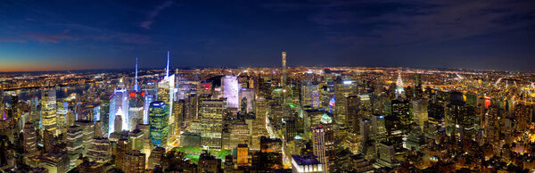 Aerial view panorama of Manhattan New York City at night