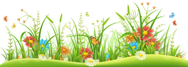 Flores de primavera y hierba — Vector de stock