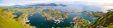 Ballstad 'lı Lofoten Adaları Panoraması, hava manzaralı, Norveç
