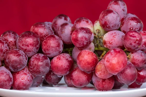 Red ripe grape berries closeup on a red background — Stock Photo, Image