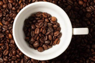 Beyaz fincan ve kavrulmuş kahve çekirdeği.