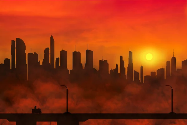 road and beautiful fantastic city with silhouettes of skyscrapers on sunset backgroun