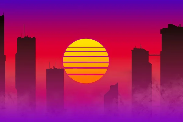 Beautiful Fantastic City Skyscrapers Silhouettes Sunset Backgroun — Stock Photo, Image