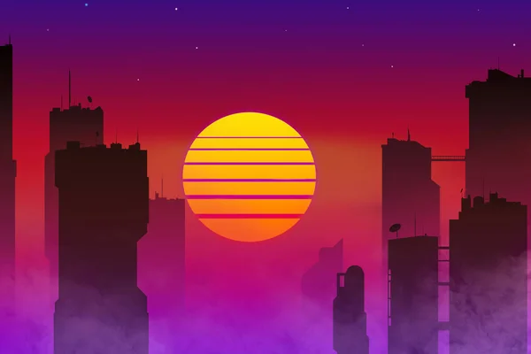 beautiful fantastic city with skyscrapers silhouettes on sunset backgroun