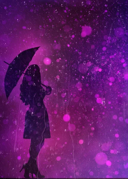 Schöne Dunkel Elegante Frau Silhouette Mit Regenschirm Auf Lila Hintergrund — Stockfoto