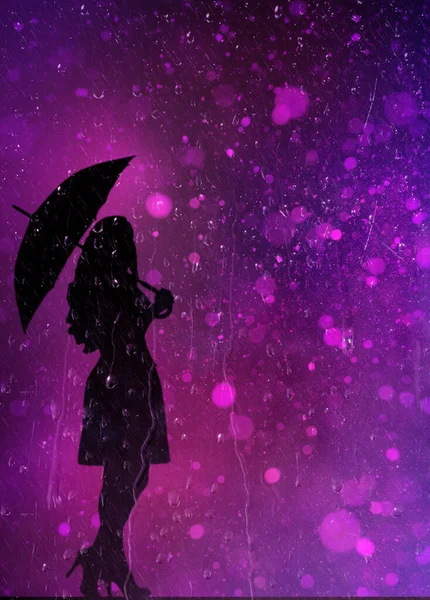Schöne Dunkel Elegante Frau Silhouette Mit Regenschirm Auf Lila Hintergrund — Stockfoto