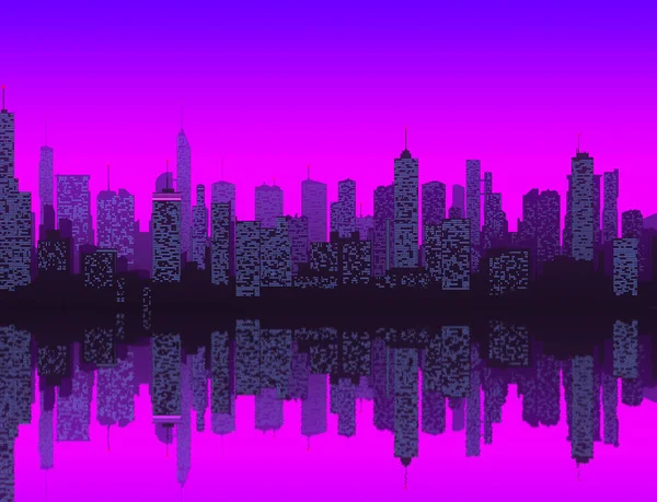 Vacker Fantastisk Stadsbild Med Skyskrapor Och Reflektion Neonbelysning — Stockfoto