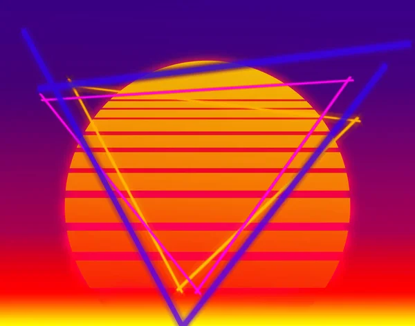Krásné Pozadí Večerním Sluncem Stylu Retro Vlny Neonové Obloze Trojúhelníky — Stock fotografie