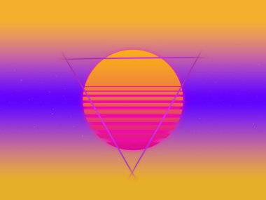 ... yıldızlı ve üçgenli neon bir gökyüzünde geçmişe dönük bir dalgada akşam güneşiyle güzel bir arkaplan.