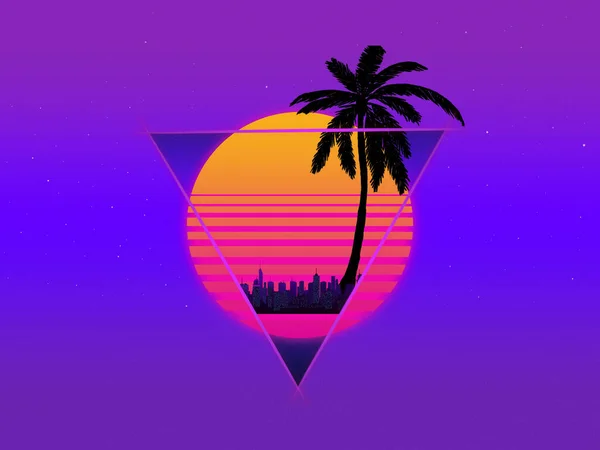 Beautiful Background Evening Sun Palm Tree City Silhouette Style Retro — Stock Photo, Image