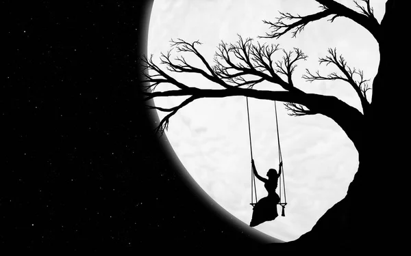 Beautiful Black Silhouette Old Big Tree Woman Swing Night Sky — Stock Photo, Image