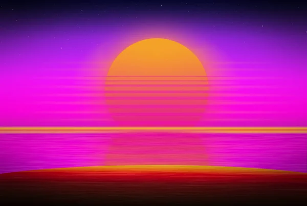 Beautiful Background Sunset Neon Sky Beach Style Retrowave — Stock Photo, Image