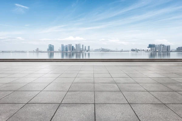 cityscape and skyline of Hangzhou from empty floor