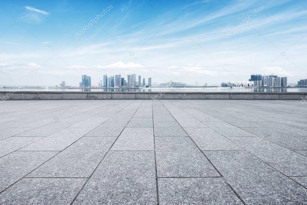 cityscape and skyline of Hangzhou from empty floor