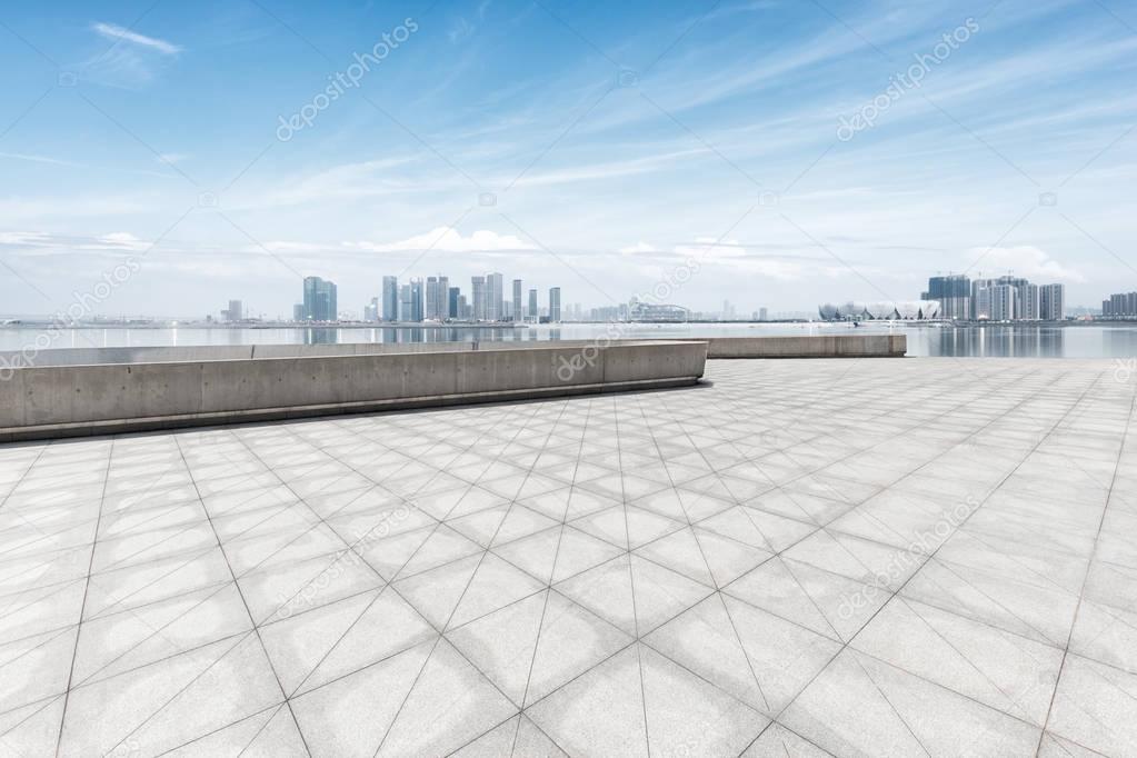 cityscape and skyline of Hangzhou from empty floor