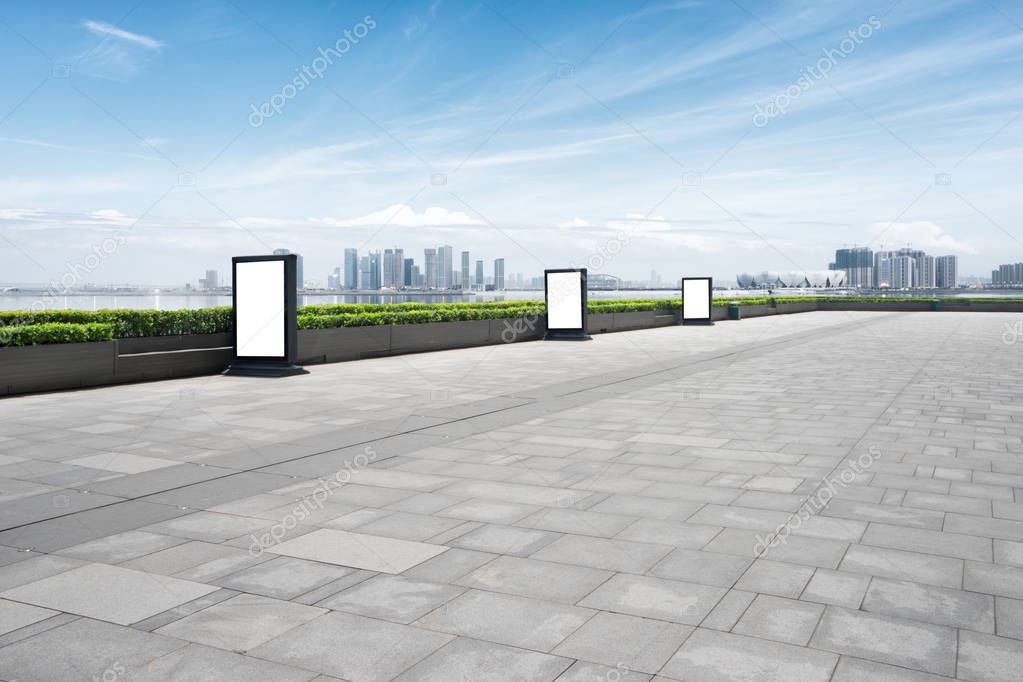 cityscape and skyline of Hangzhou from empty floor